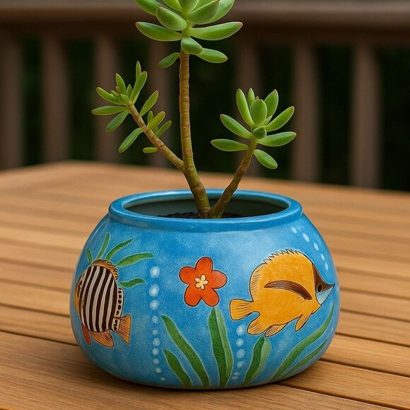 Tropical Ocean Fish Bowl Planter Coastal Beach House Decor Sea Art By Jay Import - Picture 16 of 16